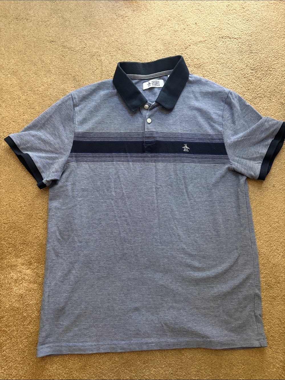 Original Penguin Light Gray Polo with Navy Stripe and Collar